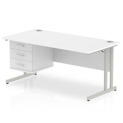 Dynamic Rectangular Office Desk White MFC Cantilever Leg Silver Frame Impulse 1 x 3 Drawer Fixed Ped 1600 x 800 x 730mm