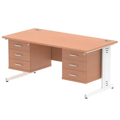 Dynamic Rectangular Office Desk Beech MFC Cable Managed Cantilever Leg White Frame Impulse 2 x 3 Drawer Fixed Ped 1600 x 800 x 730mm