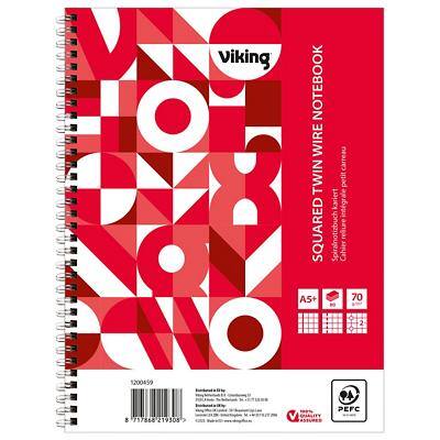 Viking Notebook A5+ Squared Twin Wire Side Bound Paper Soft Cover Red Perforated 160 Pages Pack of 5