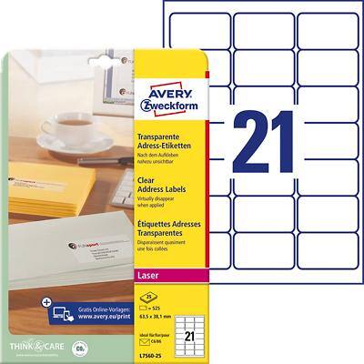 AVERY Zweckform Water Resistant Address Labels L7560-25 Adhesive A4 Transparent 63.5 x 38.1 mm 25 Sheets of 21 Labels