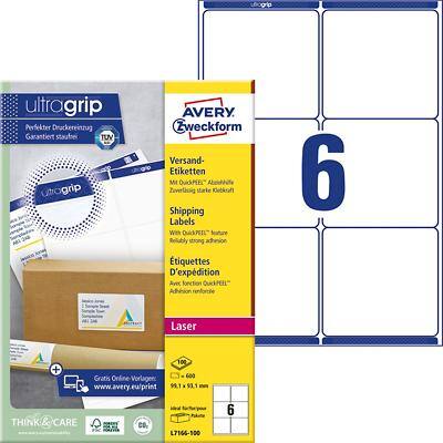 Avery L7166-100 Parcel Labels Self Adhesive 99.1 x 93.1 mm White 100 Sheets of 6 Labels
