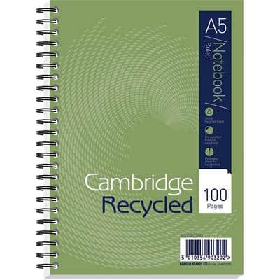 Cambridge Notebook A5 Ruled Spiral Bound Cardboard Hardback Green Perforated 100 Pages 50 Sheets Pack of 5