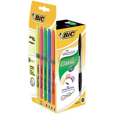 12 pack Bic Atlantis Retractable Ballpoint Pens Black + 5 Assorted Bic Grip Highlighters