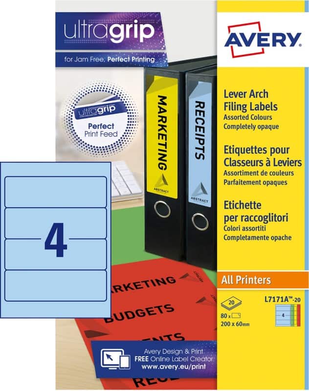 Avery L7171A-20 Filing Labels Self Adhesive 200 x 60 mm Assorted 80 Labels