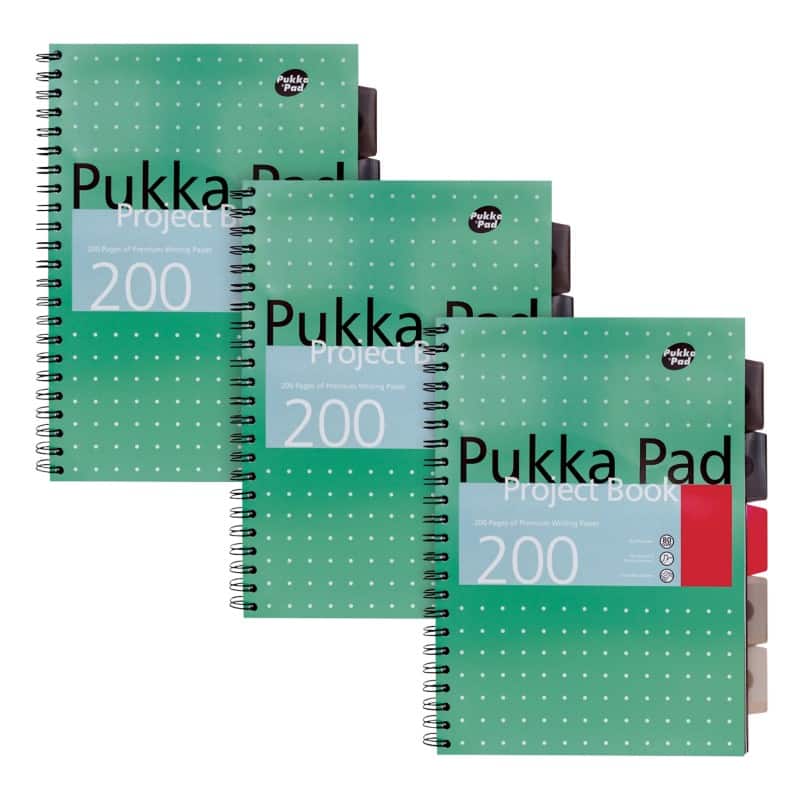 Pukka Pad Project Book Metallic A4+ Ruled Spiral Bound PP (Polypropylene) Hardback Green Perforated 200 Pages Pack of 3