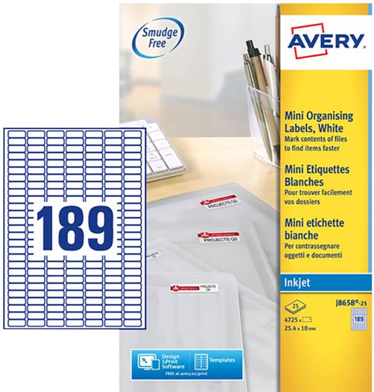Avery Address Labels J8658-25 adhesive A4 White 2.5 x 1 cm 25 Sheets of 189 Labels