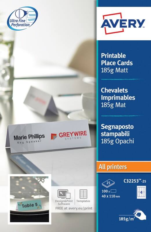 Avery Place Card A4 185 gsm White 25 Sheets Pack of 4