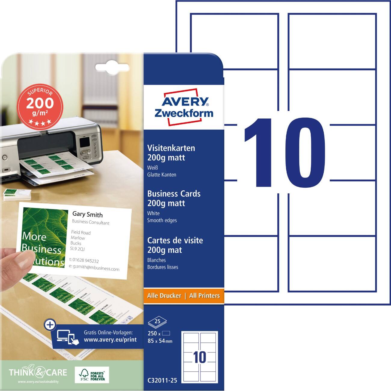 AVERY Zweckform Business Cards A4 200 gsm White 10 Sheets of 10 Labels