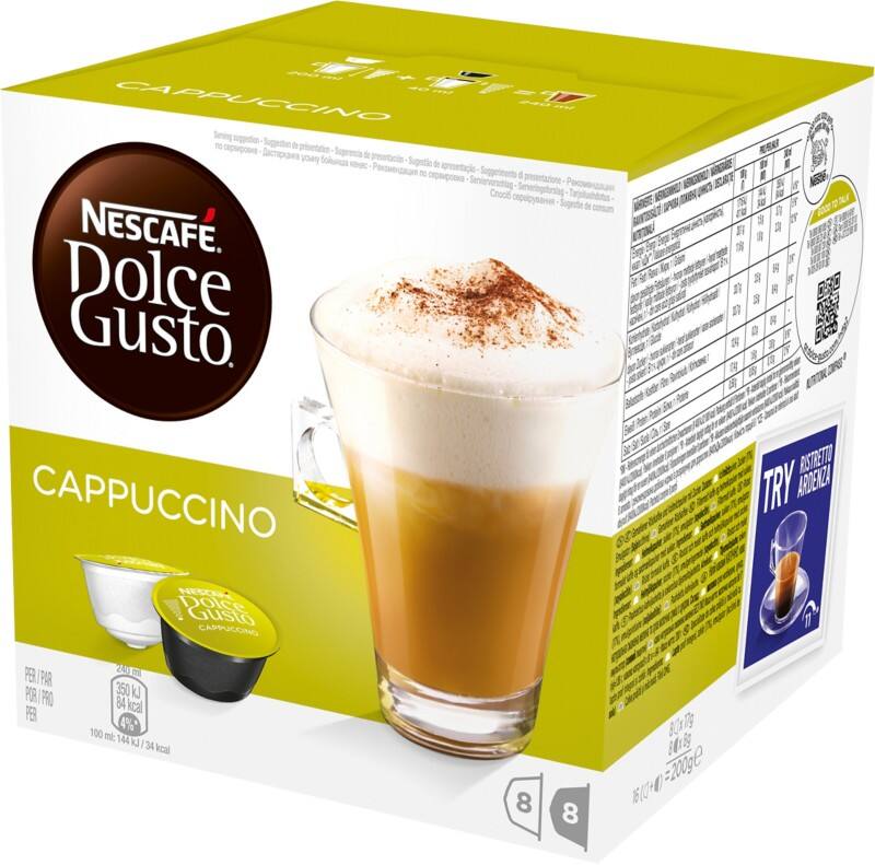 Nescafã‰ dolce gusto caffeinated ground coffee pods box cappuccino 6. 3 g pack of 8 x coffee + 8 x milk pods