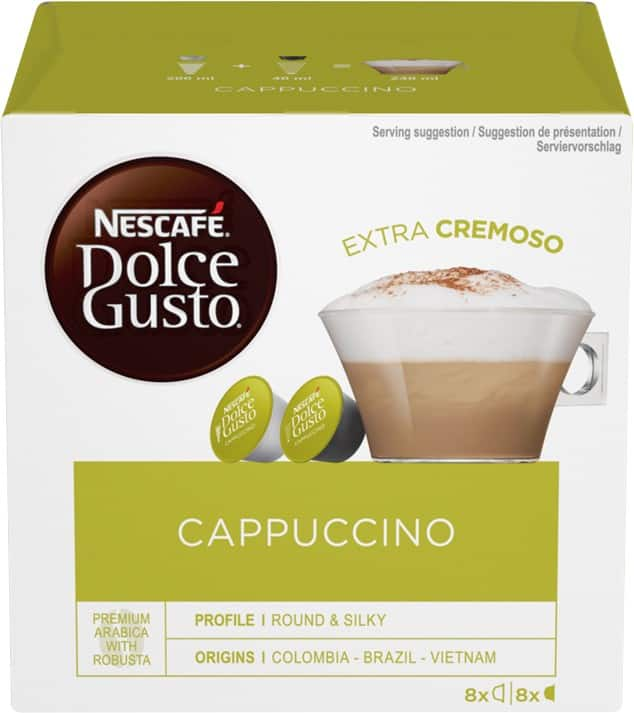 Nescafã‰ dolce gusto caffeinated ground coffee pods box cappuccino 6. 3 g pack of 8 x coffee + 8 x milk pods