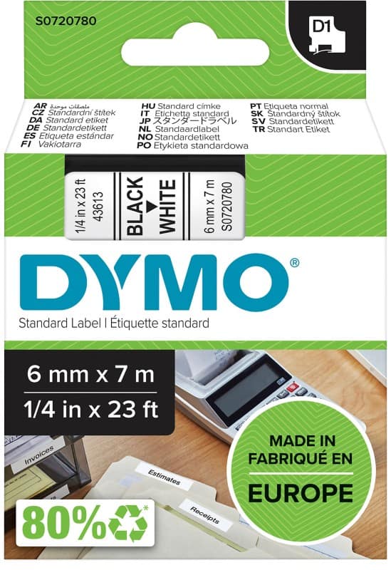 DYMO D1 Labelling Tape Authentic 43613 1953241 Adhesive Black on White 6 mm x 7 m