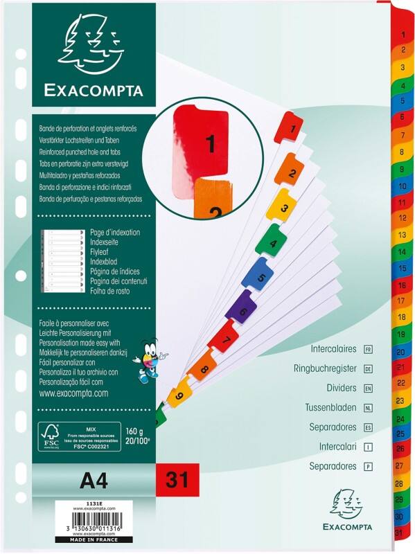 Exacompta 1 to 31 Numerical Dividers A4 White, assorted 31 Part Cardboard 11 Holes 1131E