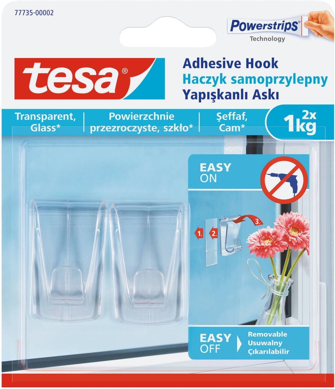 tesa Powerstrips Adhesive Hooks Transparent Up to 1 kg Pack of 2