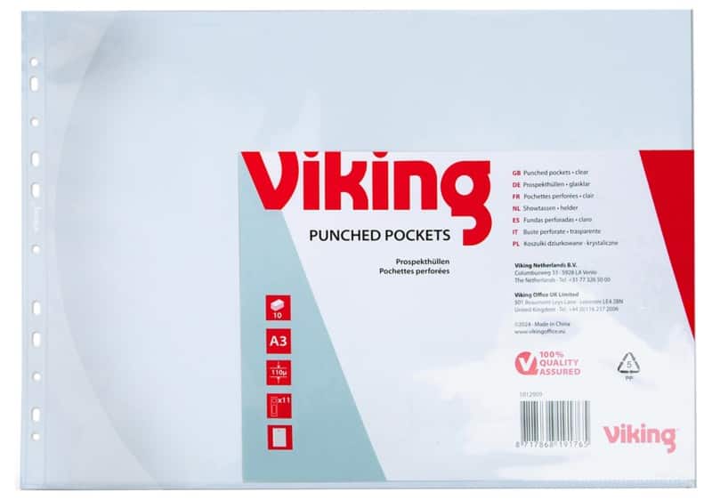 Viking Premium Punched Pockets  A3 Landscape Clear Transparent 110 microns PP (Polypropylene) Top Opening 11 Holes Pack of 10