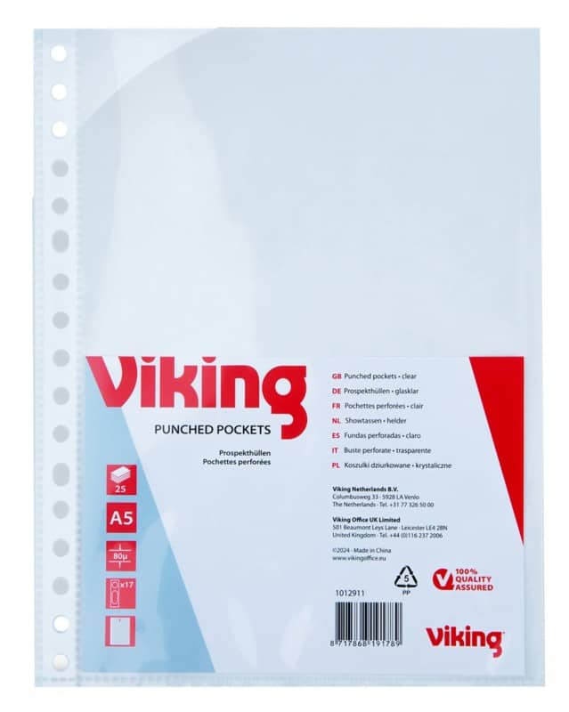 Viking Punched Pockets  A5 Clear Transparent 80 microns PP (Polypropylene) Top Opening 17 Holes Pack of 25