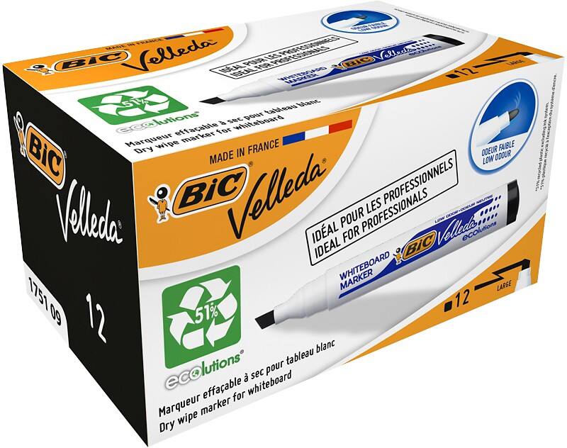 BIC 1751 Whiteboard Marker Black Medium Chisel 3.7 - 5.5 mm 51% Recycled Pack of 12