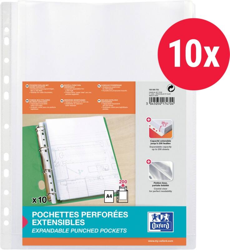 OXFORD Punched Pockets  A4 Clear Transparent 180 microns PP (Polypropylene) Opening Top 11 Holes Pack of 10