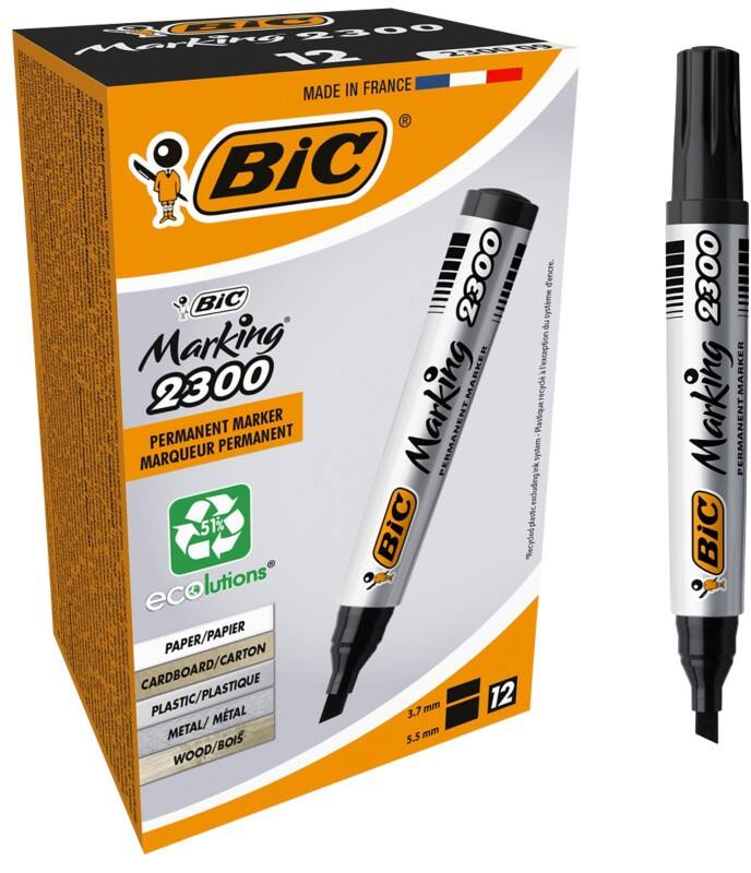 BIC Marking 2300 Permanent Marker 51 % Recycled Medium Chisel 3.7 - 5.5 mm Black 12 Pieces 
