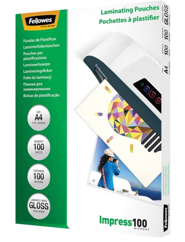 Fellowes Impress Laminating Pouch A4 Glossy 100 microns (2 x 100) Transparent Pack of 100