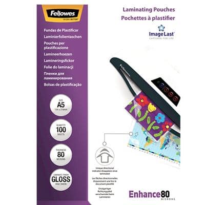 Fellowes ImageLast Enhance Laminating Pouch A5 Glossy 80 microns (2 x 80) Transparent Pack of 100