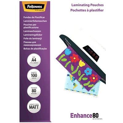 Fellowes Enhance Laminating Pouch A4 Matt 80 microns (2 x 80) Transparent Pack of 100