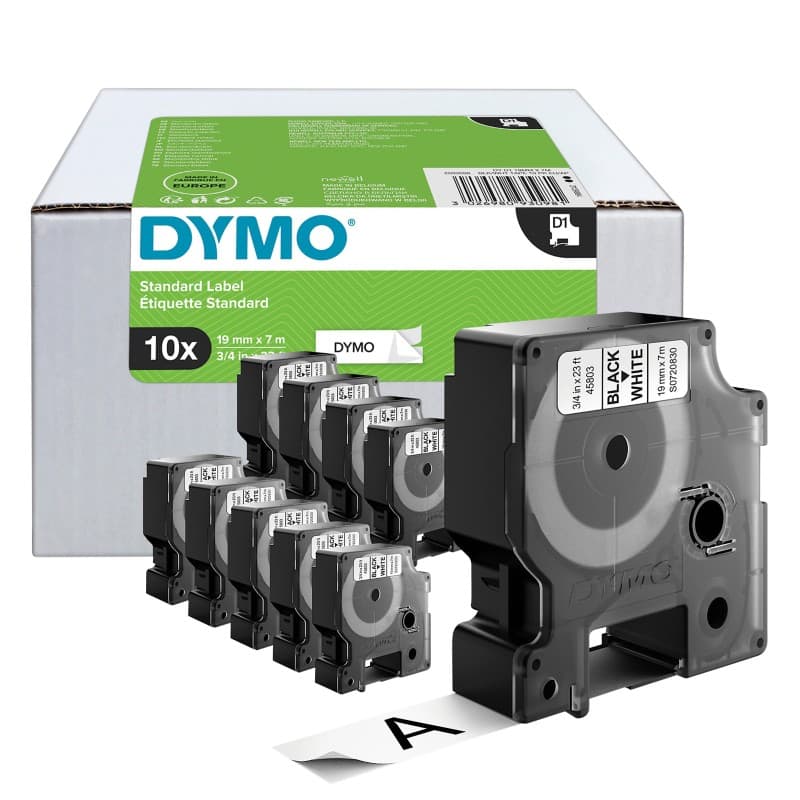 Dymo D1 2093098 / 45803 Authentic Label Tape Self Adhesive Black Print on White 19 mm x 7m Pack of 10