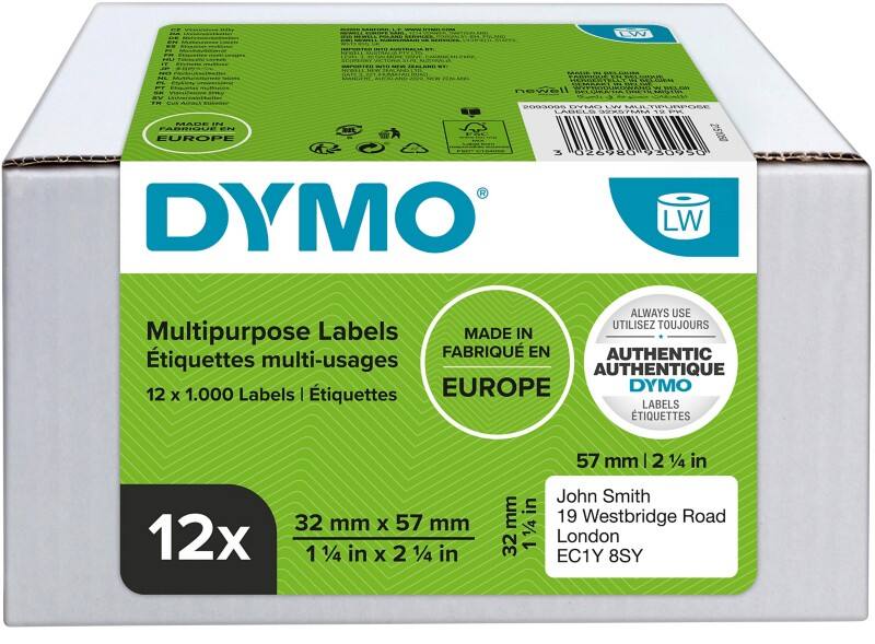 Dymo LW 2093095 / 11354 Authentic Multipurpose Labels White 32 x 57 mm 1000 Labels Pack of 12