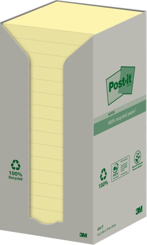 Post-it Recycled Sticky Notes 76 x 76 mm Canary Yellow 16 Pads of 100 Sheets