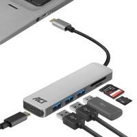 ACT AC7050 1 x USB C Female to 3 x USB A Female Hub 0.15m Black, Grey