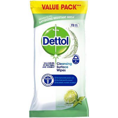 Dettol Cleansing Surface Wipes Anti Bacterial with Lime and Mint Fragrance 72 Sheets
