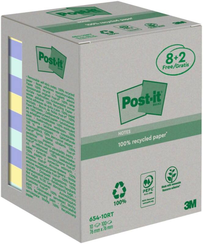 Post-it Recycled Notes 76 x 76 mm Pastel 100 Sheets Value Pack 8 + 2 Free