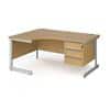 Dams International Left Hand Ergonomic Desk with 3 Lockable Drawers Pedestal and Oak Coloured MFC Top with Silver Frame Cantilever Legs Contract 25 1600 x 1200 x 725 mm