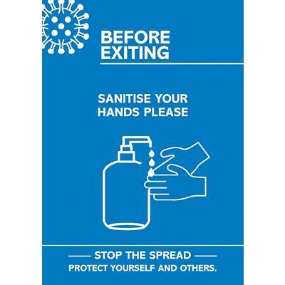 Seco Health & Safety Poster Before exiting, sanitise your hands Semi-Rigid Plastic Blue, White 21 x 29.7 cm