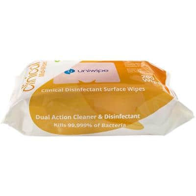 uniwipe Micro-Fibre Fabric Surface Wipes Clinical Disinfectant 200 x 200mm White Pack of 200