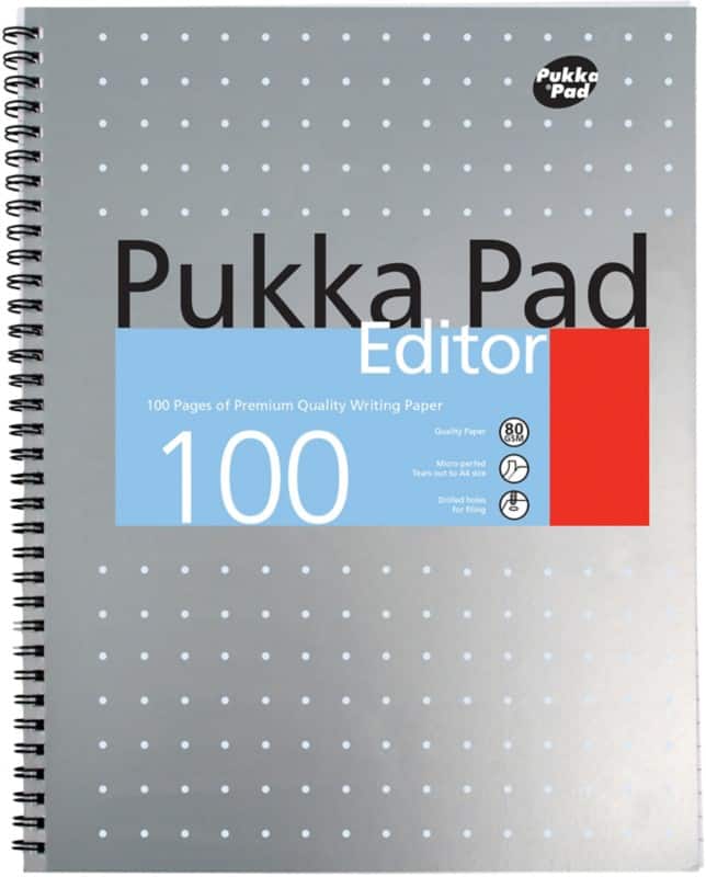 Pukka Pad Notebook Metallic Editor A4+ Ruled Spiral Bound Cardboard Hardback Grey Perforated 100 Pages Pack of 3