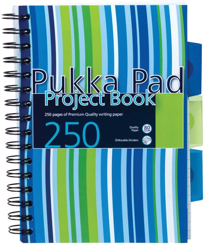 Pukka Pad Project Book Stripes A5 Ruled Spiral Bound PP (Polypropylene) Hardback Assorted Perforated 250 Pages Pack of 3