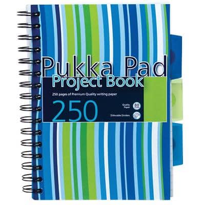 Pukka Pad Project Book Stripes A5 Ruled Spiral Bound PP (Polypropylene) Hardback Assorted Perforated 250 Pages Pack of 3