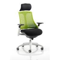 Dynamic Synchro Tilt Task Operator Chair Height Adjustable Arms Flex Black Back, Green Seat, White Frame With Headrest Medium Back