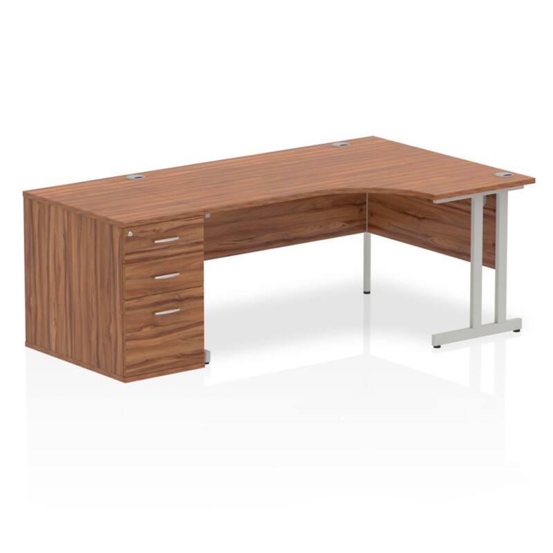 dynamic Impulse Right Hand Desk Corner Walnut Cantilever 3 Drawers 1 Pedestal 2,030 (W) x 1,200 (D) x 730 (H) mm MFC (Melamine Faced Chipboard)