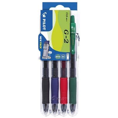 Pilot G-2 Rollerball Pen 0.7 mm Black,Blue,Green,Red Pack of 4