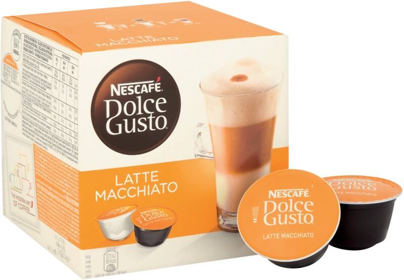 Nescafã‰ dolce gusto caffeinated ground coffee pods box latte macchiato 34. 4 g pack of 8 x coffee + 8 x milk pods