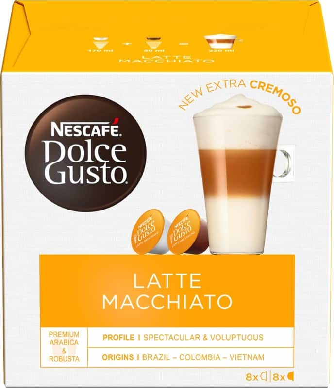 NESCAFE Dolce Gusto Caffeinated Ground Coffee Pods Box Latte Macchiato 34.4 g Pack of 8 x Coffee 8 x Milk Pods Viking Direct IE