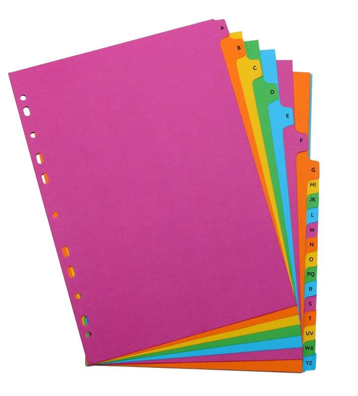 Concord A - Z Alphabetical Dividers A4 Assorted 20 Part 160 gsm Cardboard 11 Holes Pack of 26