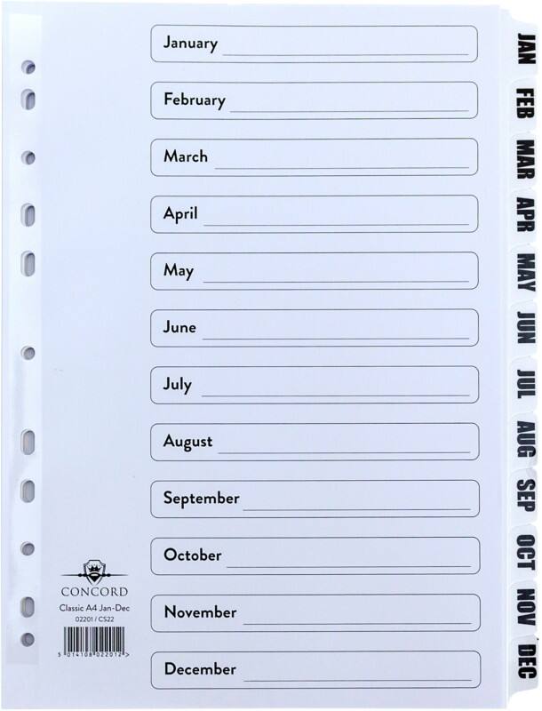 Concord Classic Jan - Dec Alphabetical Dividers A4 White 12 Part Cardboard 11 Holes Pack of 12