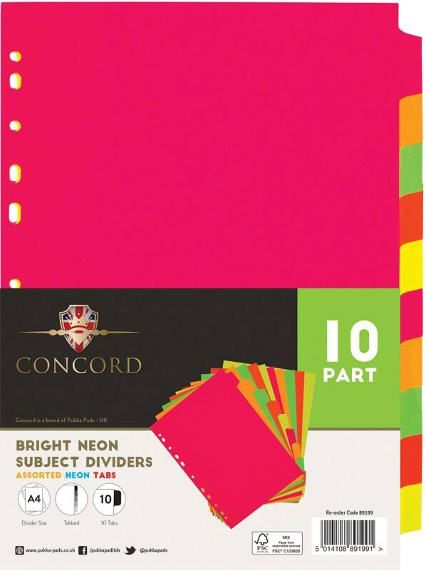 Concord Neon Blank Blank Dividers A4 Assorted 10 Part 160 gsm Manila 11 Holes 10 Sheets