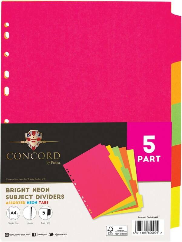 Concord Neon Blank Blank Dividers A4 Assorted 5 Part 160 gsm Manila 11 Holes Pack of 5