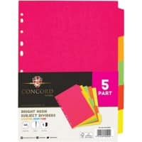 Concord Neon Blank Dividers A4 Assorted 5 Part Manilla 11 Holes