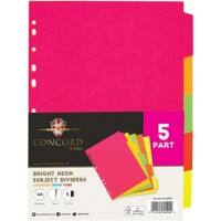 Concord Neon Blank Dividers A4 Assorted Multicolour 5 Part Manilla 11 Holes Pack of 5