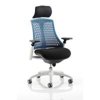 Dynamic Synchro Tilt Task Operator Chair Height Adjustable Arms Flex Blue Back, Black Seat, White Frame With Headrest Medium Back