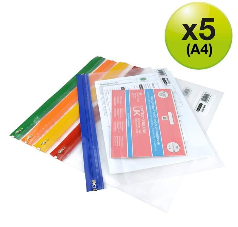 Rapesco Zippi Bags Zip Lock Bags A4+ Zip PP (Polypropylene) 37 (W) x 1.3 (D) x 26 (H) cm Assorted Pack of 5